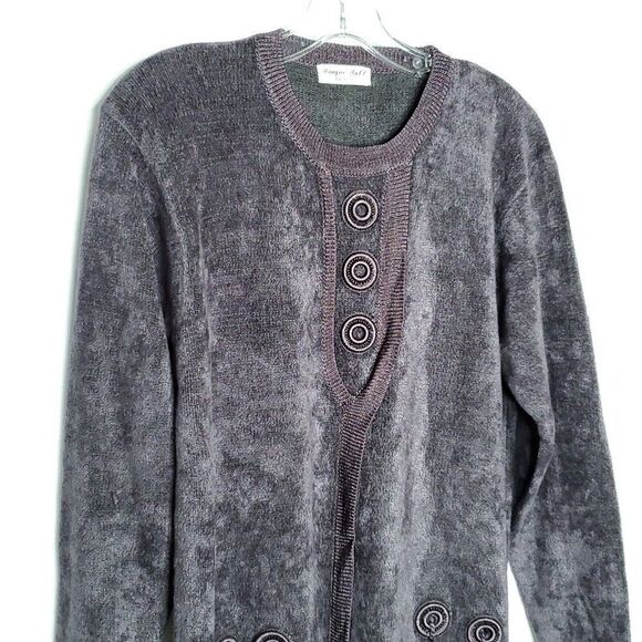 Chenille Sweater L Embroidered Circles Pullover Long Sleeve Dark Gray - Picture 2 of 5